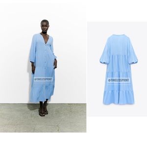 Zara. Light Blue Tiered Midi Dress